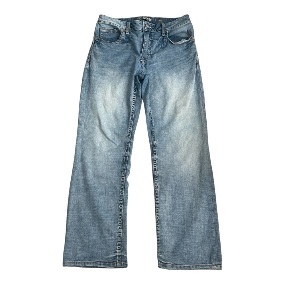 BKE Jake Jeans Men’s Sz 34S x30 Buckle Bootcut Distressed Light Washed Relaxed